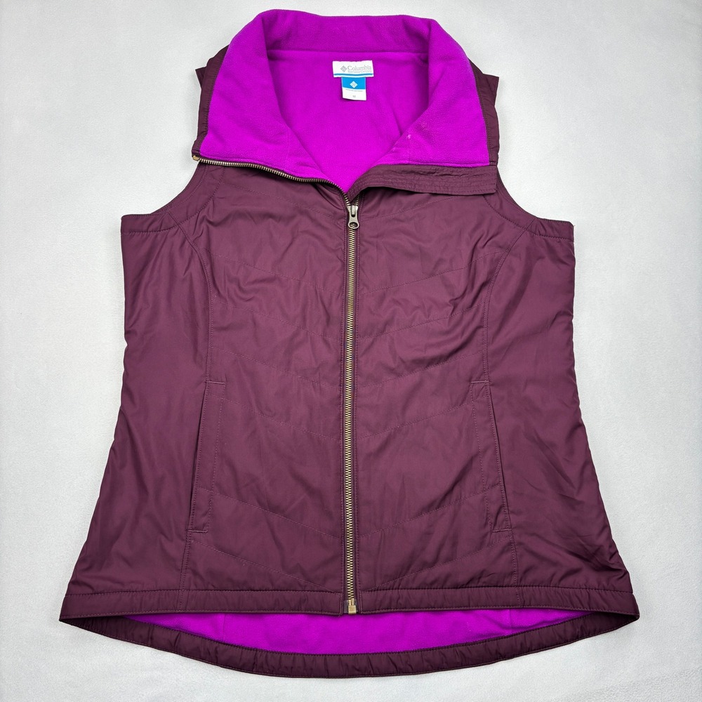 Columbia Quilted Puffer Vest Womens M Plum Purple Fleece Lined Full Zip 1671661